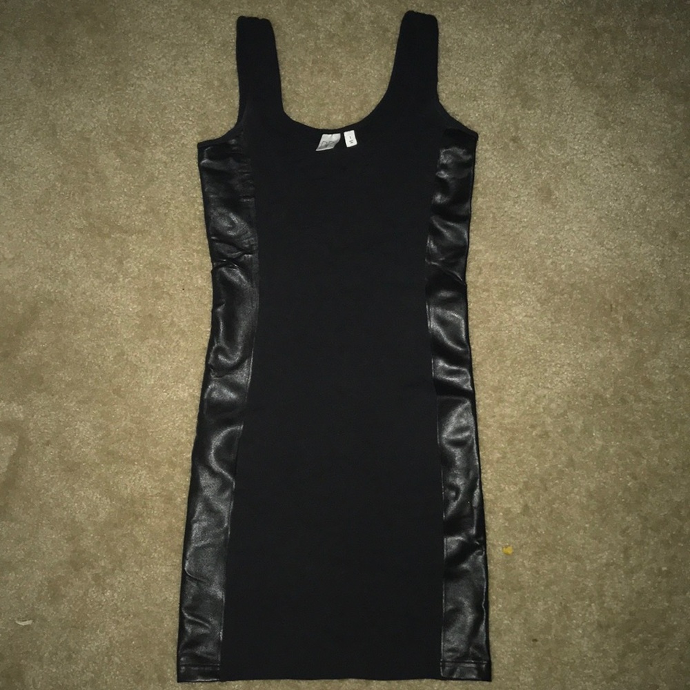 Faux leather striped side little black dress